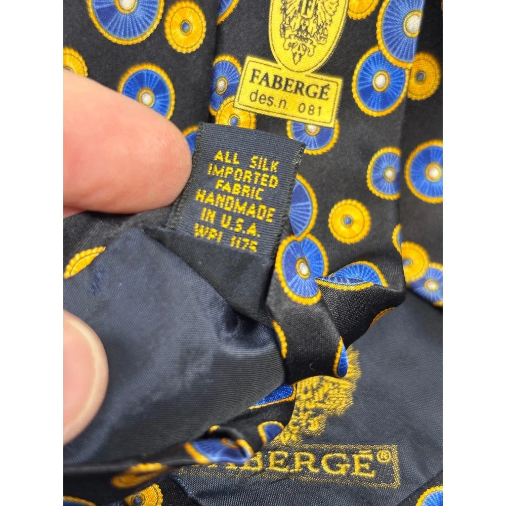 Faberge Silk Necktie Mens Black Blue Yellow Geometric Circle Handmade USA 4x57